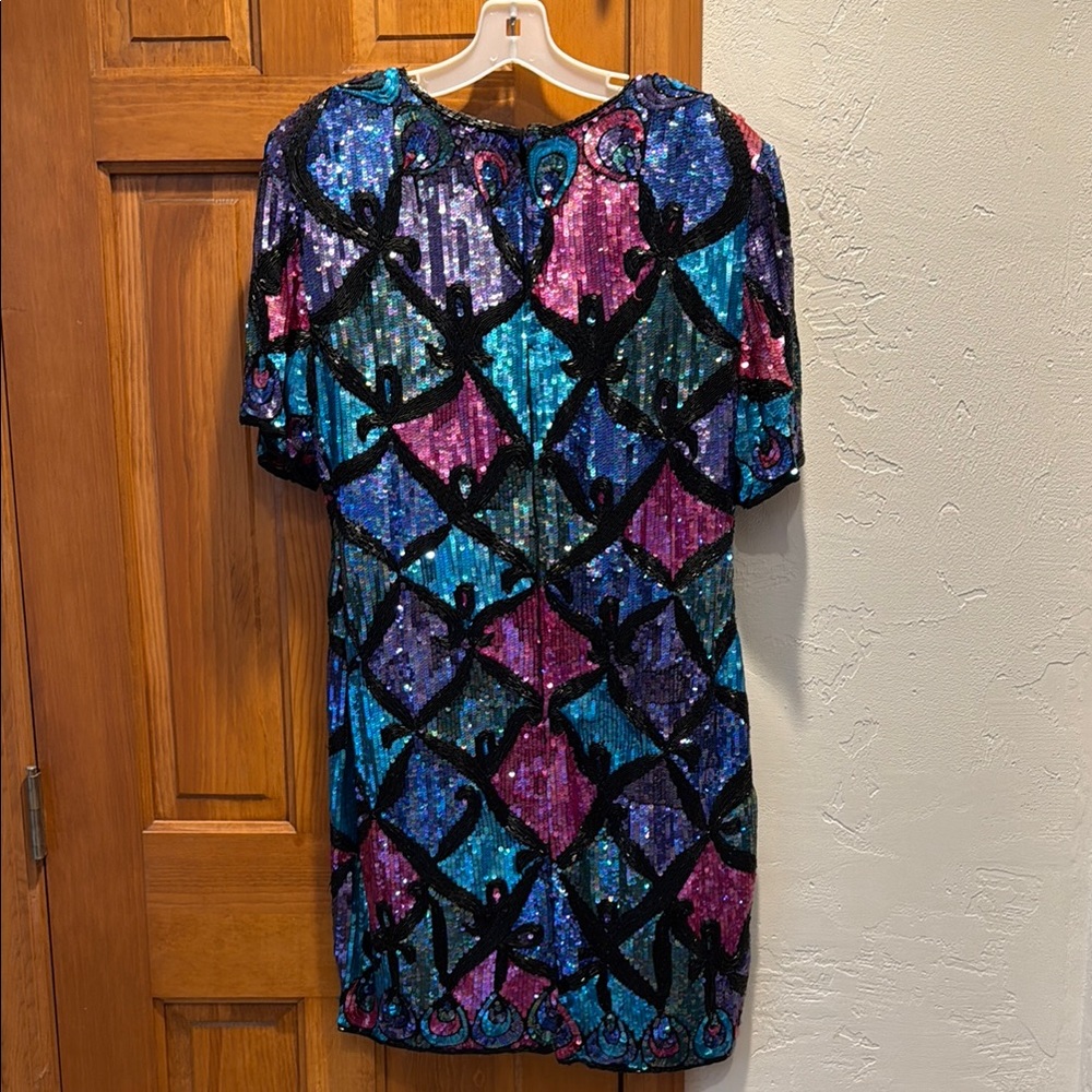 Vintage 90’s Oleg Cassini Multicolor Sequin Mini Dress - Picture 4 of 5